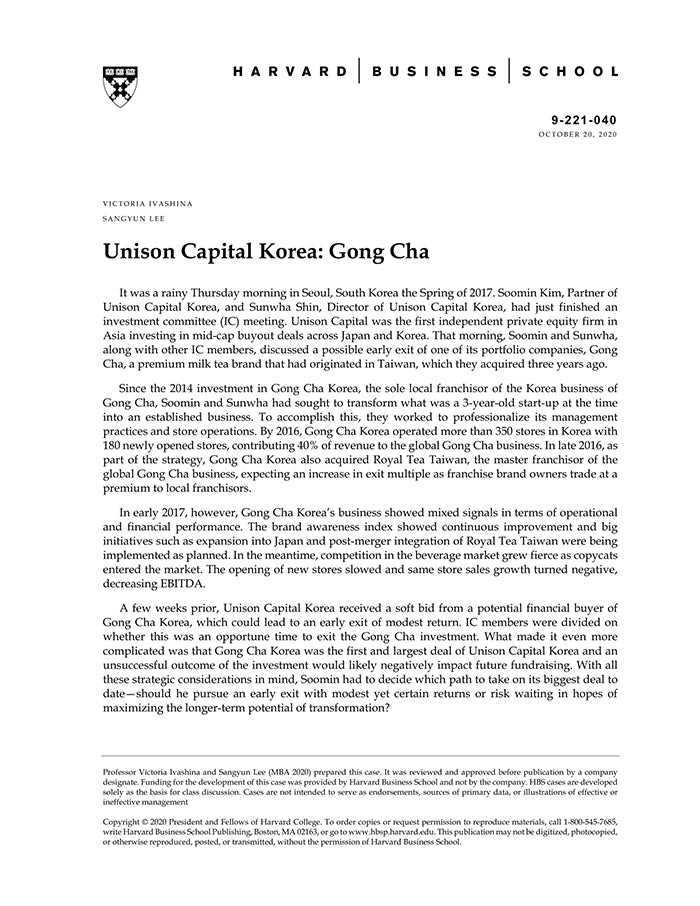 Unison Capital Korea Gong Cha Harvard Business School Publishing