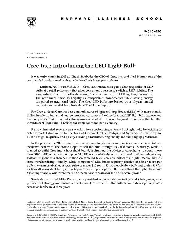 Cree Inc. Introducing the LED Light Bulb Harvard Business