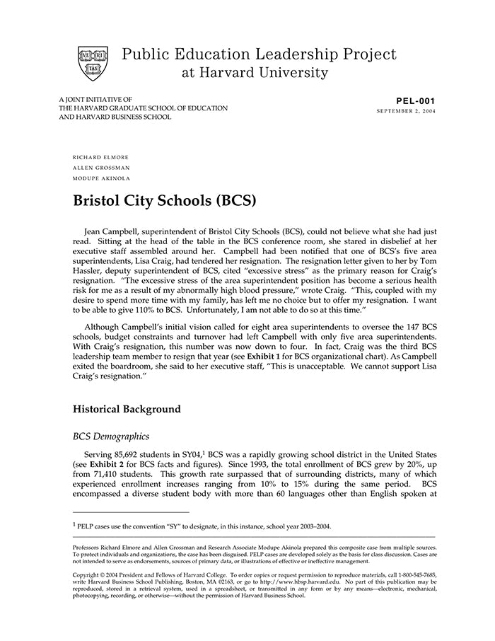 Bristol City Schools (BCS) Harvard Business School Publishing