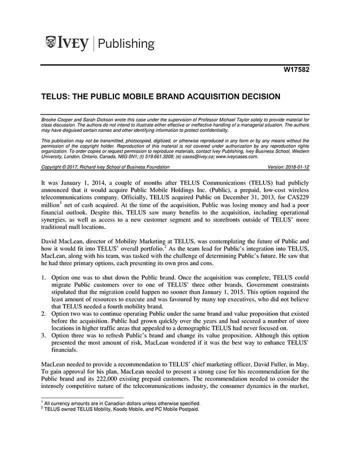 TELUS The Public Mobile Brand Acquisition Decision Harvard Business