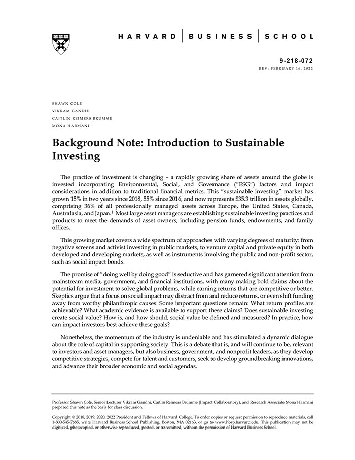 Background Note: Introduction to Sustainable Investing – Harvard ...