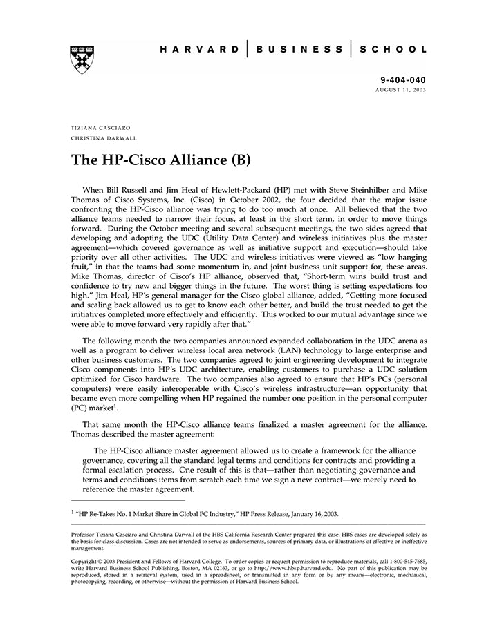 Hbsp HP-Cisco Alliance (B) – Harvard Business School Publishing