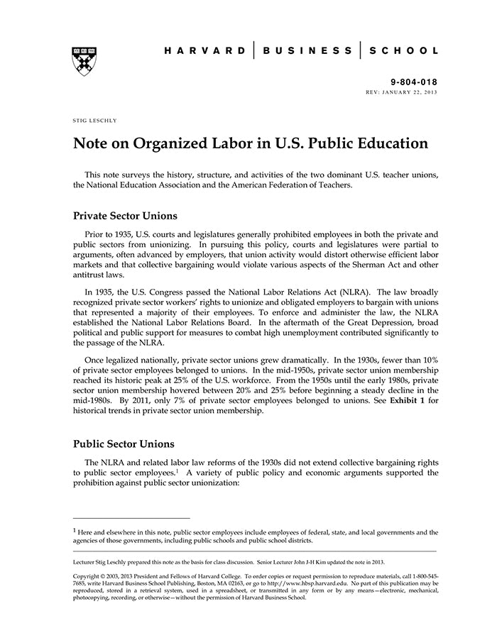 Note on Organized Labor in U.S. Public Education – Harvard Business ...