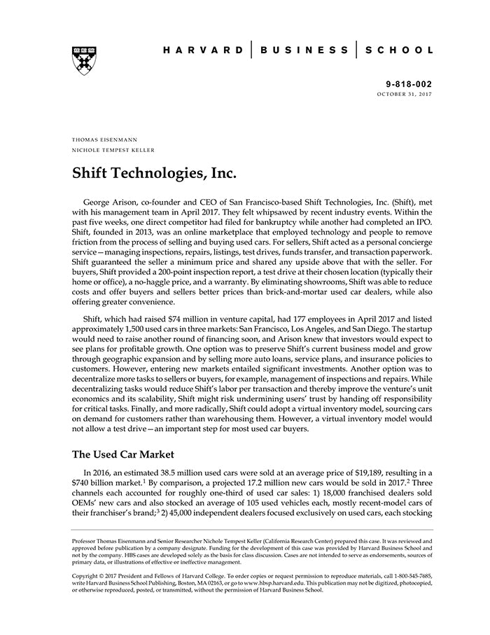 Shift Technologies Inc Harvard Business School Publishing Shift Technologies Inc Harvard Business School Publishing