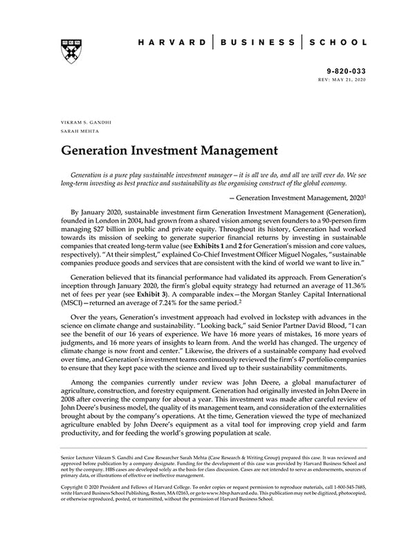 Generation Investment Management – Harvard Business School Publishing