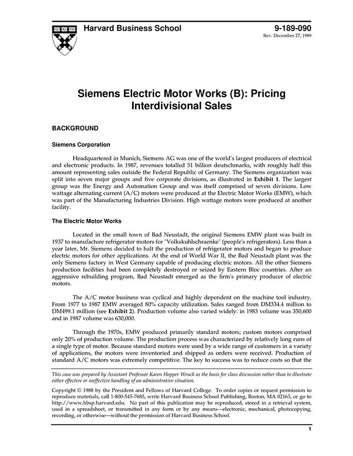 Siemens Electric Motor Works (B) Pricing Interdivisional Sales
