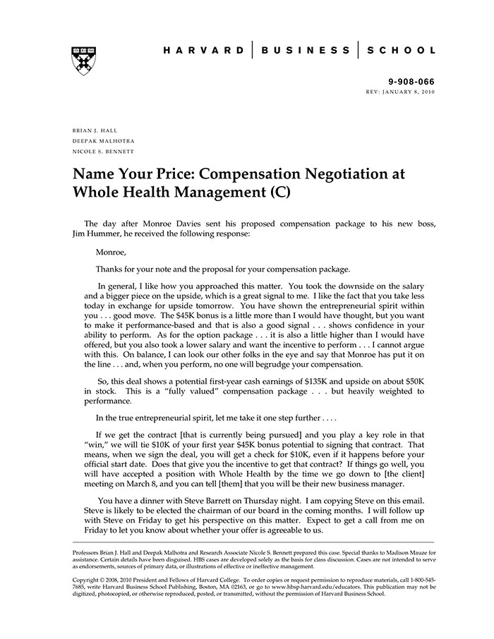 Name Your Price Compensation Negotiation At Whole Health Management Name Your Price Compensation Negotiation At Whole Health Management