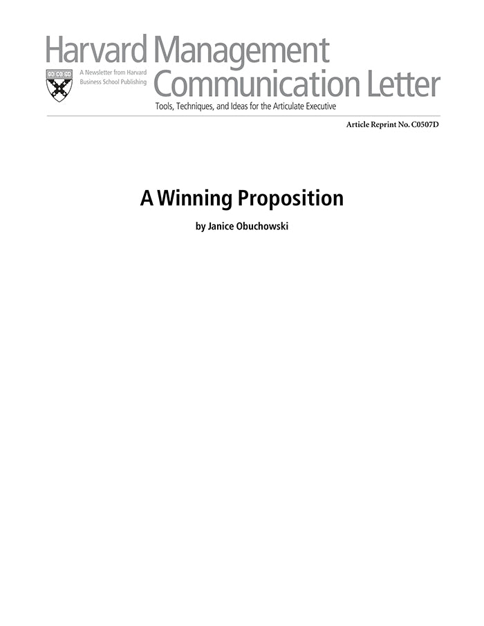 Hbsp A Winning Proposition – Harvard Business School Publishing