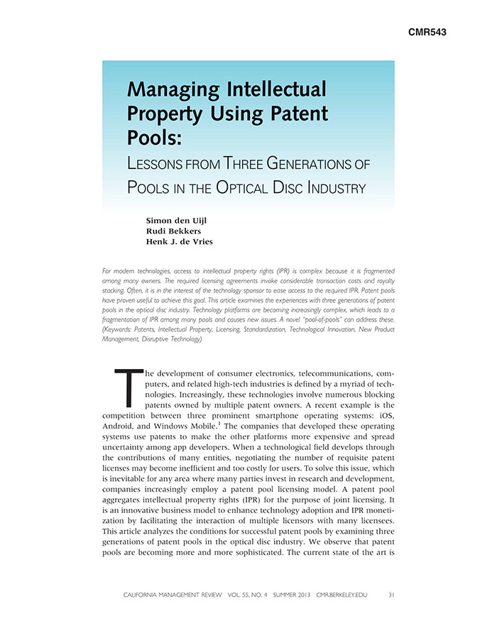 Pool Patenting Managing Intellectual Property Using Patent Pools: Lessons from Three ...