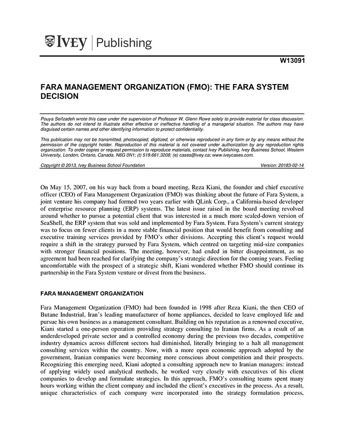 Fara Organization Fara Management Organization (FMO): The Fara System Decision – Harvard ...