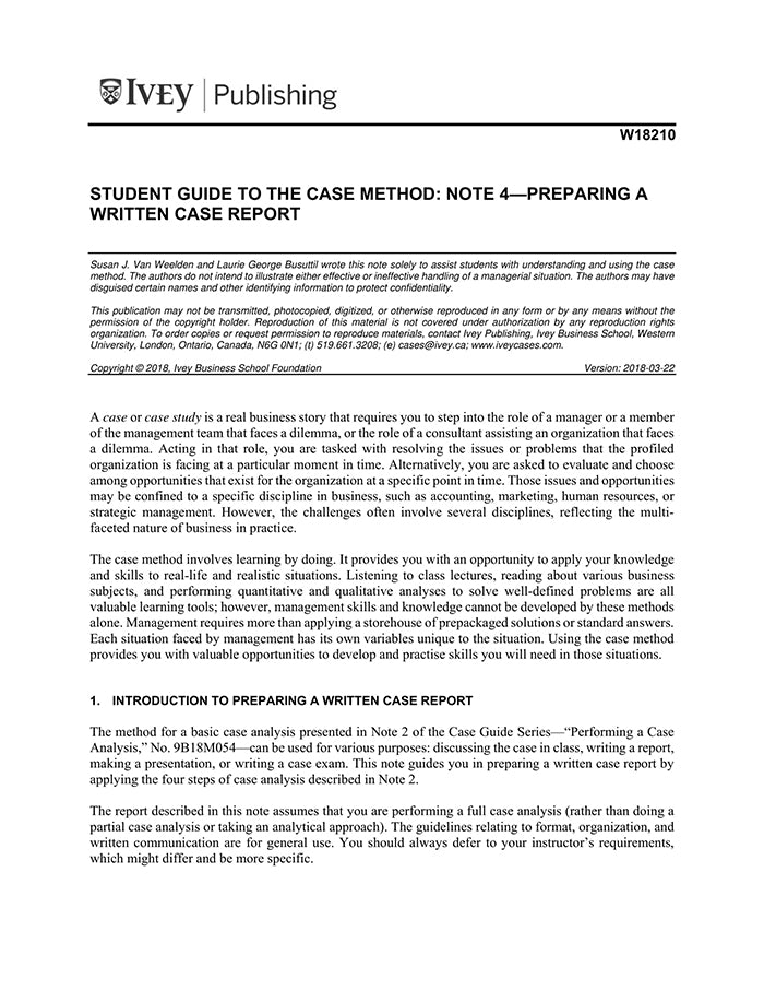 Harvard Case Study Method Example Student Guide to the Case Method: Note 4 - Preparing a Written Case Re ...