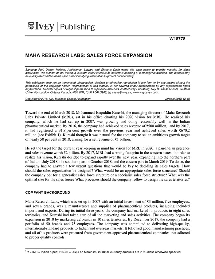 Maha Research Labs: Sales Force Expansion – Harvard Business School ...