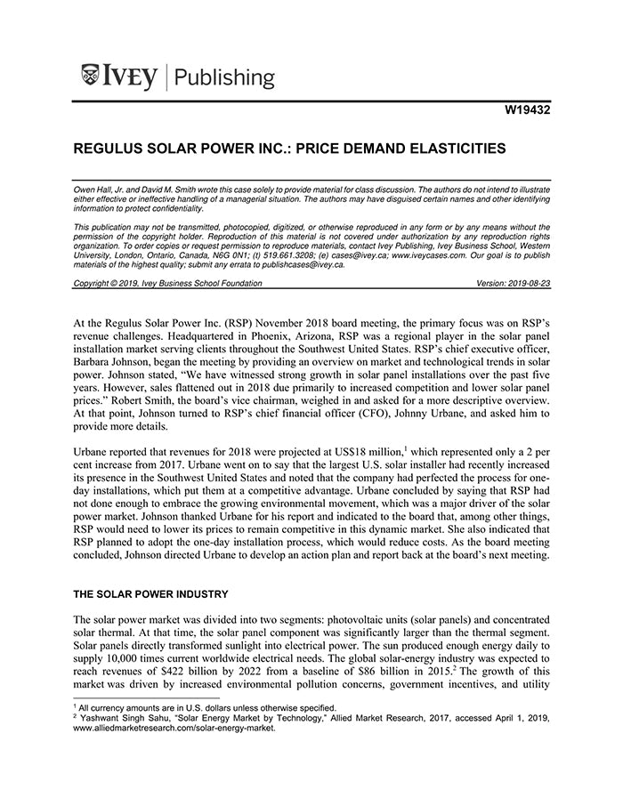 Regulus Solar Power Inc.: Price Demand Elasticities – Harvard Business ...