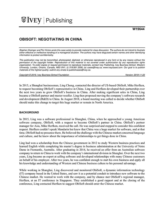 ObiSoft: Negotiating in China – Harvard Business School Publishing